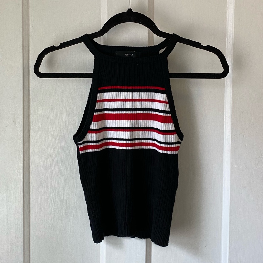 black halter tank top with white and red stripes